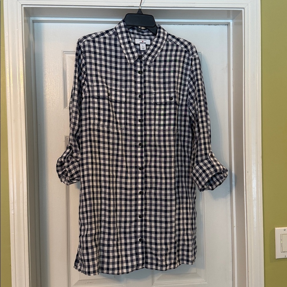 Draper James Lands’ End 100% Linen Gingham Tunic Shirt NWT L 14 16